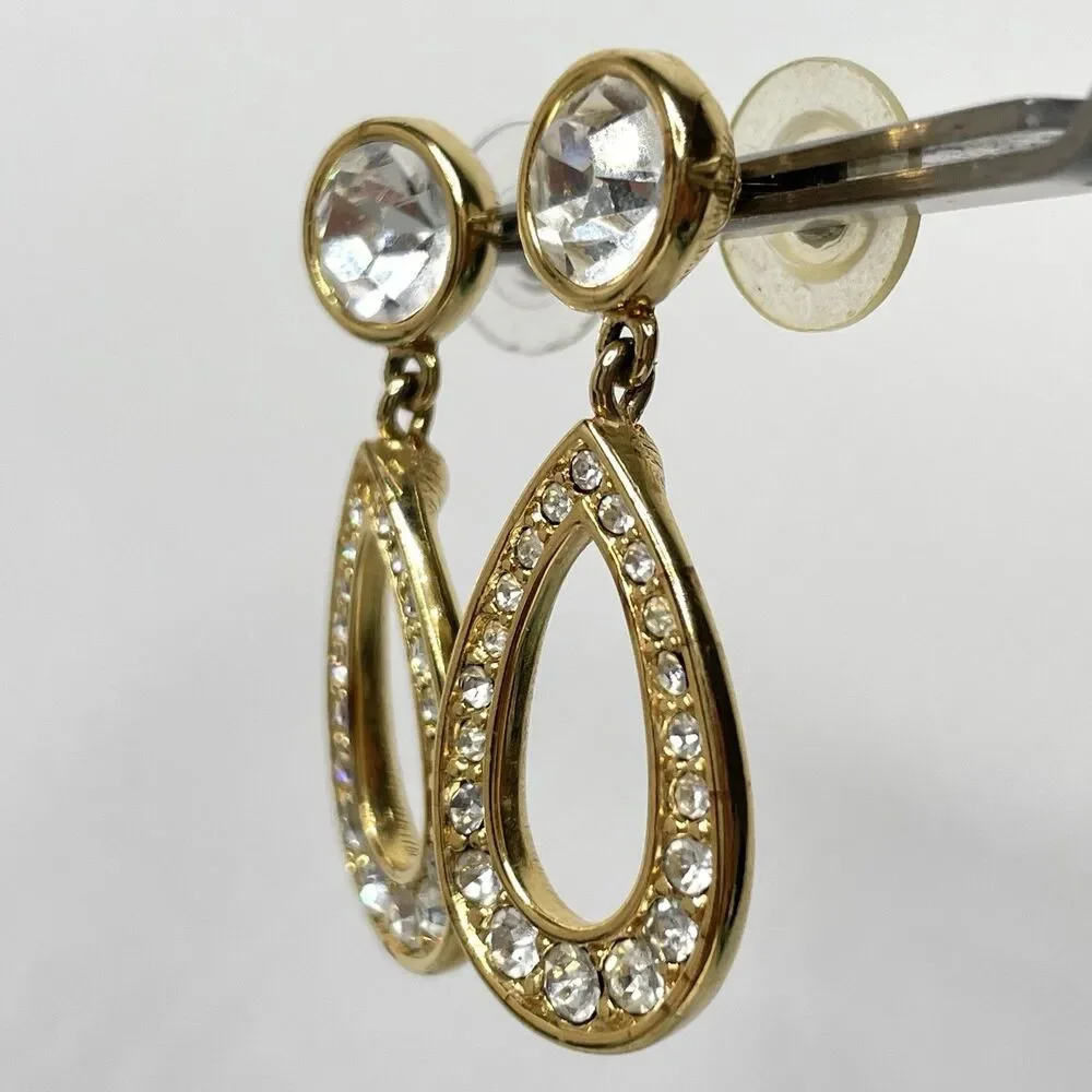 Vintage Monet Gold Tone Teardrop Glass Rhinestone Dangle Earrings Stunning